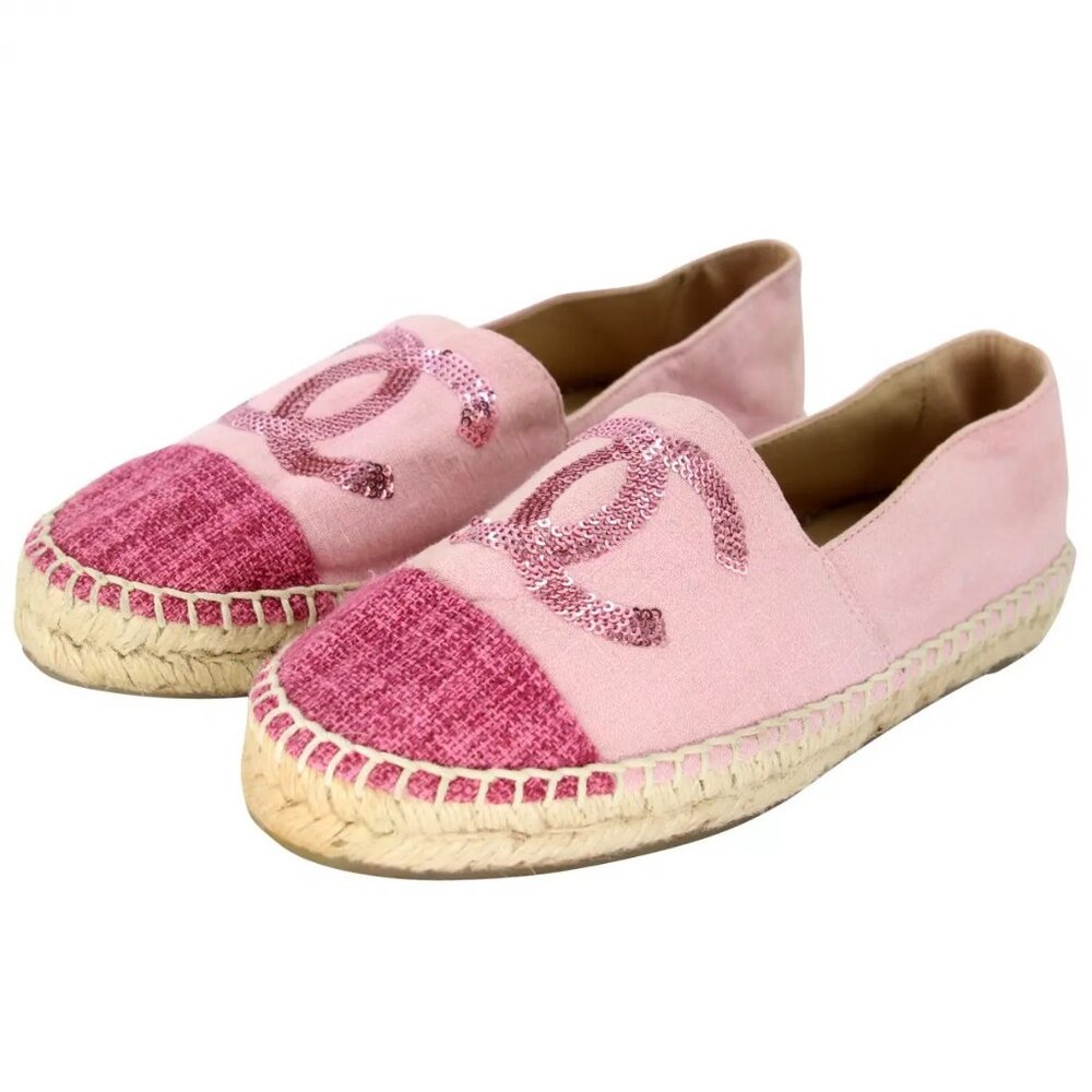 Authentic CHANEL CC Logo Canvas Pink Sequin Espadrilles Flats Shoes 38